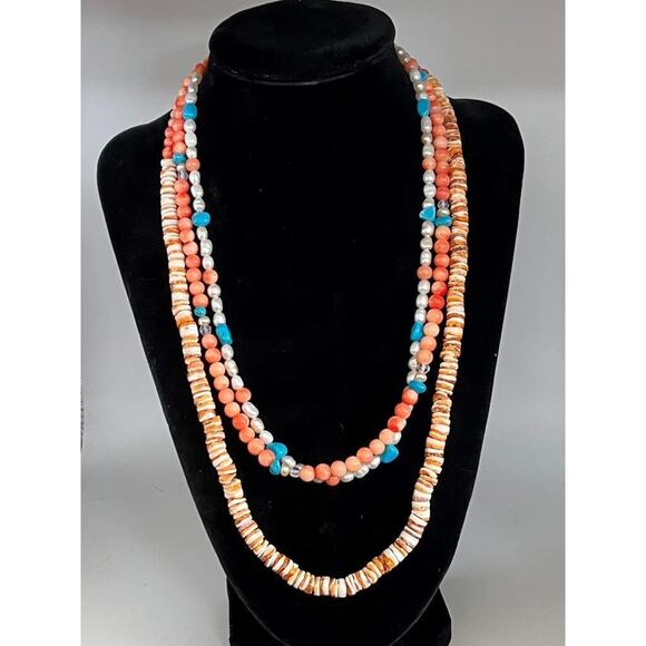 Three Blue Turquoise Angel Coral Spiny Oyster, Pearl Necklaces Native American H - Picture 1 of 2